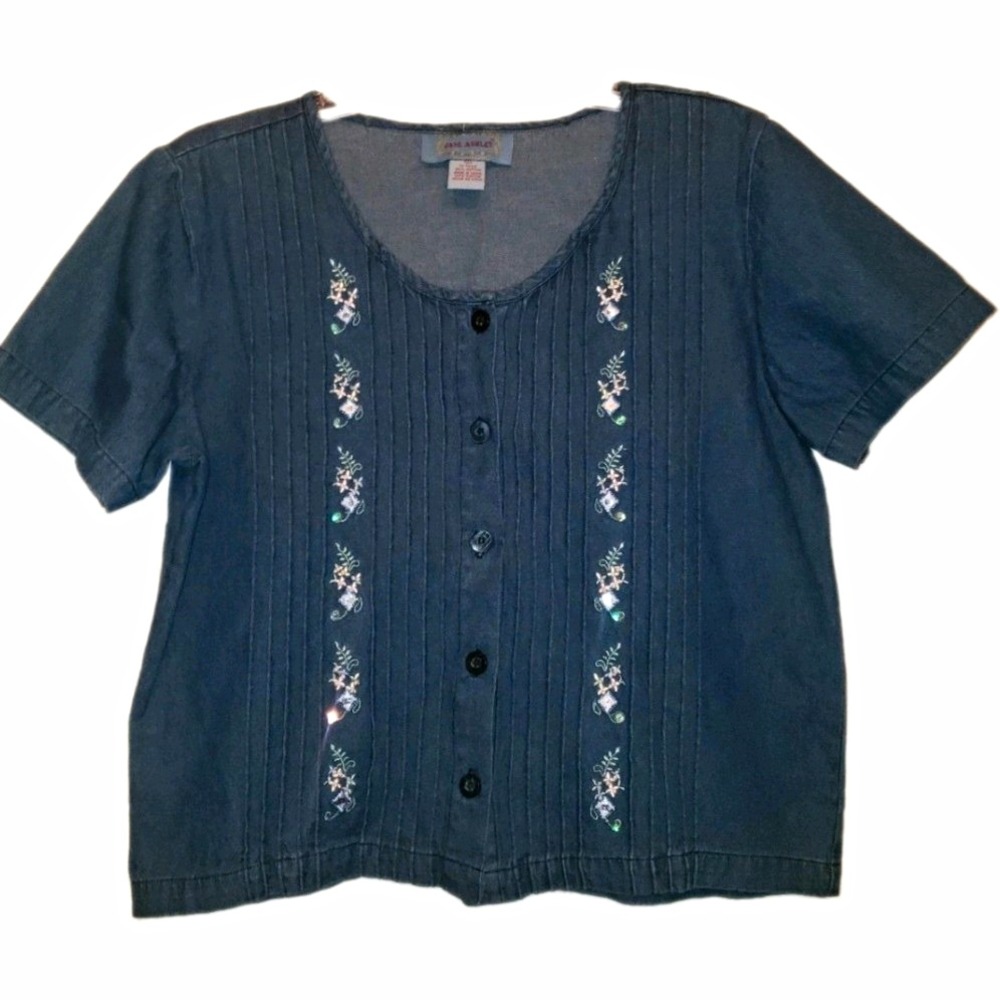 Jane Ashley Women's M Blue Denim Embroidered Floral Button Front 100% Cotton